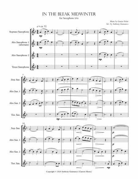 In The Bleak Midwinter For Saxophone Trio Soprano Alternate Alto Alto Tenor Sheet Music