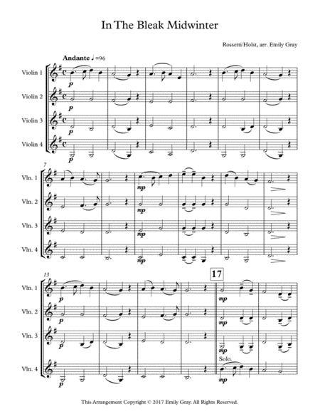 In The Bleak Midwinter Four Violins Sheet Music