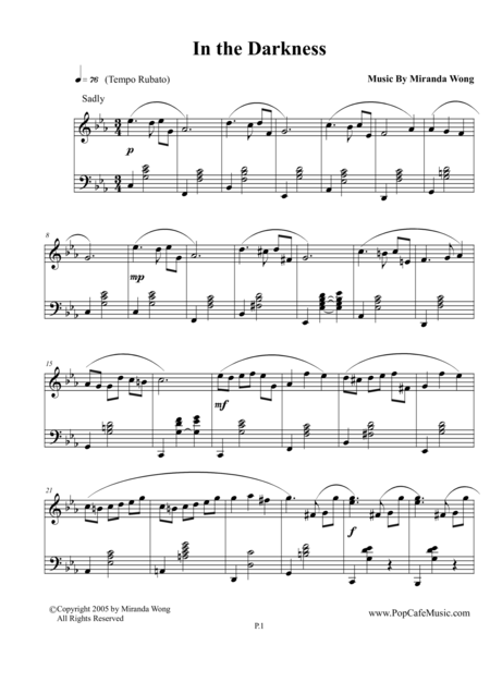 In The Darkness Romantic Love Song For Piano Sheet Music