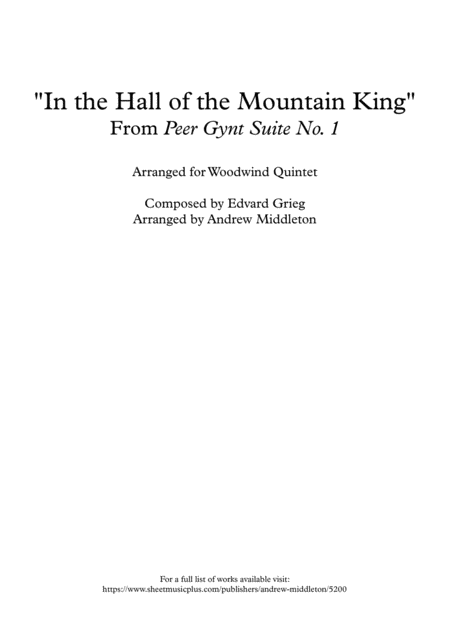 In The Hall Of The Mountain King Arranged For Woodwind Quintet Sheet Music