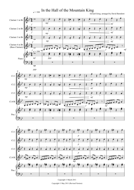 In The Hall Of The Mountain King For Clarinet Quartet Sheet Music