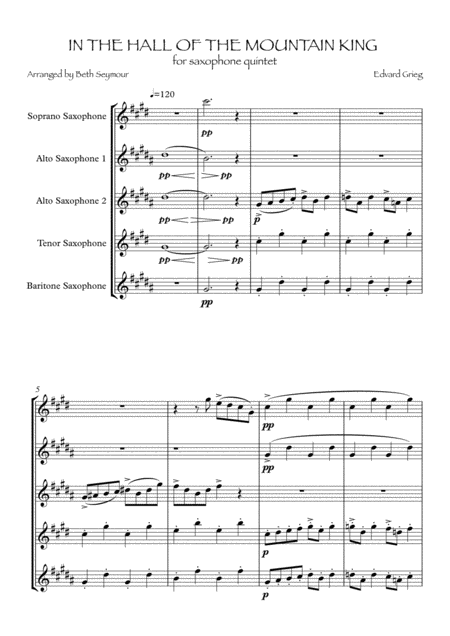 In The Hall Of The Mountain King For Saxophone Quintet Sheet Music