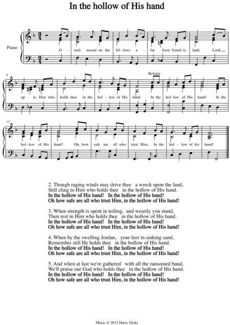Free Sheet Music In The Hollow Of His Hand A New Tune To A Wonderful Old Hymn