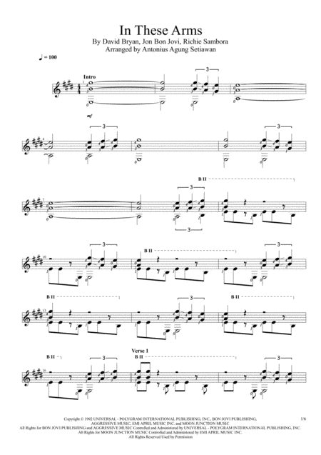 Free Sheet Music In These Arms Solo Guitar Score