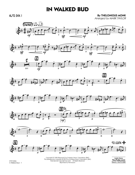 Free Sheet Music In Walked Bud Arr Mark Taylor Alto Sax 1