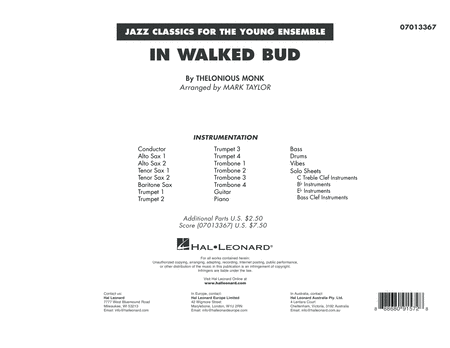 In Walked Bud Arr Mark Taylor Conductor Score Full Score Sheet Music