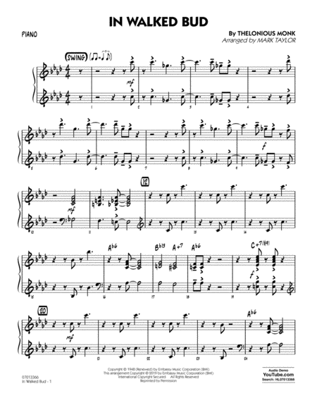 In Walked Bud Arr Mark Taylor Piano Sheet Music