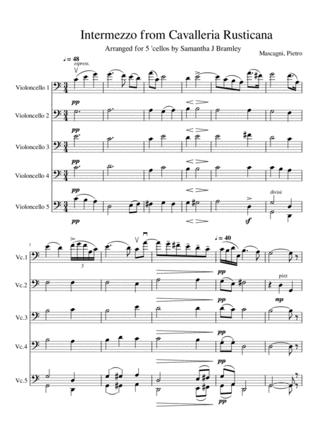 Intermezzo From Cavalleria Rusticana For Cello Quintet Sheet Music