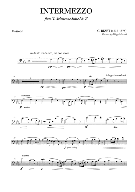 Intermezzo From L Arlesienne For Bassoon And Piano Sheet Music