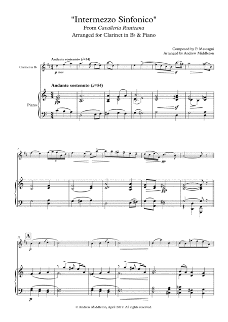 Intermezzo Sinfonico From Cavalleria Rusticana Arranged For Clarinet And Piano Sheet Music