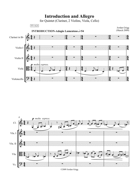 Introduction And Allegro For Clarinet And String Quartet Sheet Music