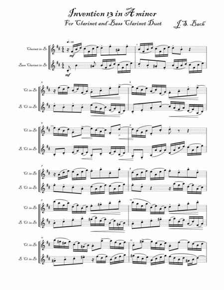 Invention 13 In A Minor For Clarinet Bass Clarinet Duet Sheet Music