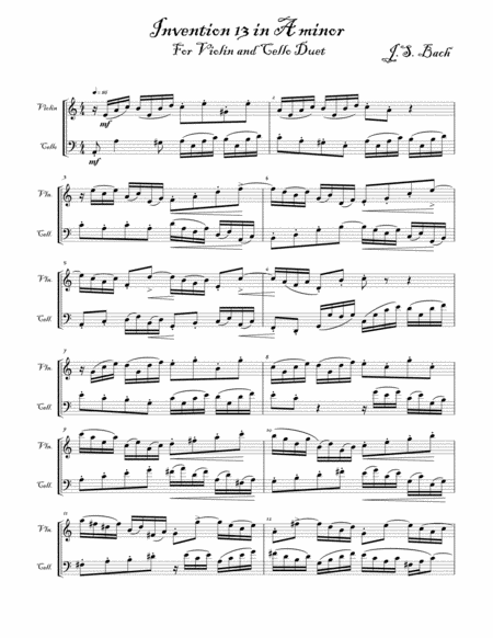 Invention 13 In A Minor For Violin Cello Duet Sheet Music