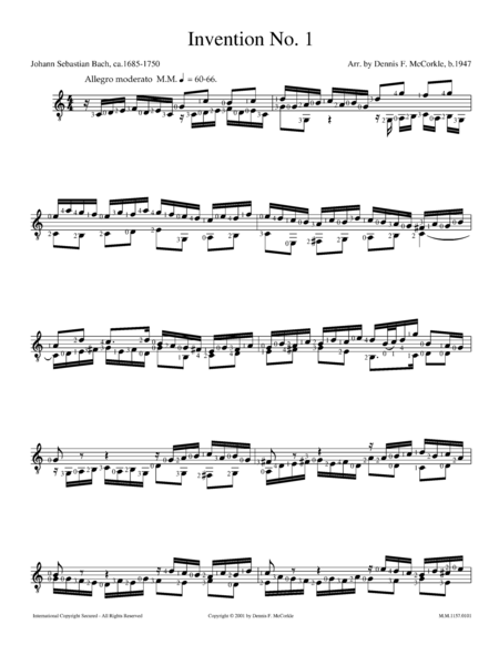 Invention No 1 In C Major Bwv 772 For Solo Guitar Sheet Music