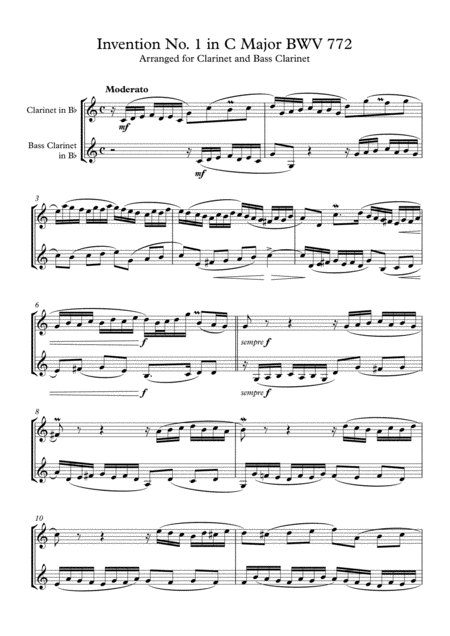 Invention No 1 In C Major For Clarinet Bass Clarinet Sheet Music