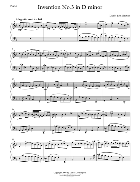 Invention No 3 In D Minor Sheet Music