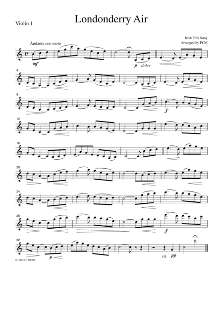 Free Sheet Music Irish Folk Song Londonderry Air For String Quartet Jm003