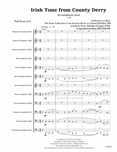 Irish Tune From County Derry For Saxophone Choir Full Score Set Of Parts Sheet Music