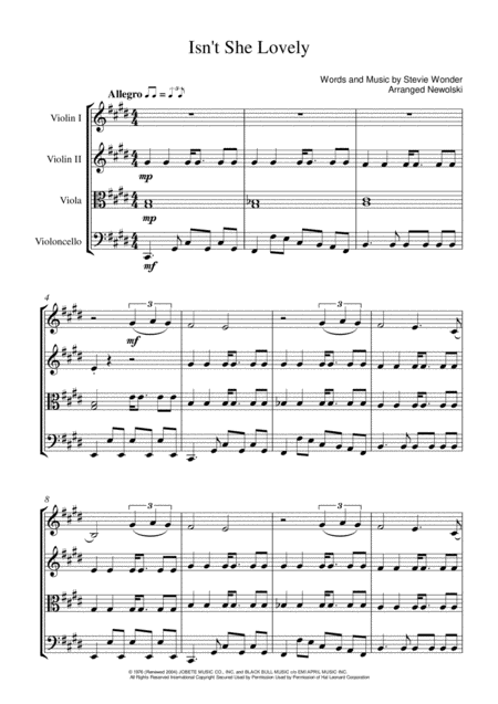 Free Sheet Music Isnt She Lovely String Quartet Score And Parts