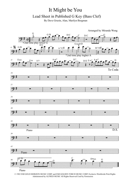 It Might Be You Cello Or Double Bass In Published G Key With Chords Sheet Music