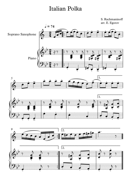 Italian Polka Sergei Rachmaninoff For Soprano Saxophone Piano Sheet Music