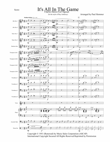 Its All In The Game Scored By 5 Saxes Bari Doubles Clarinet 8 Brass 3 Rhythm Vocal In The Style Of The Ray Anthony Orchestra Sheet Music