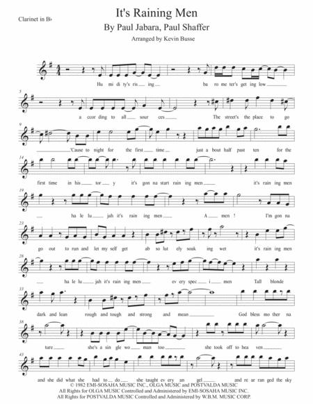 Its Raining Men W Lyrics Clarinet Sheet Music