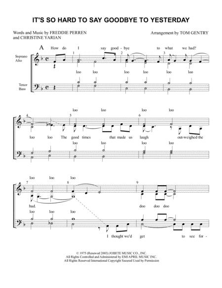 Free Sheet Music Its So Hard To Say Goodbye To Yesterday Satb