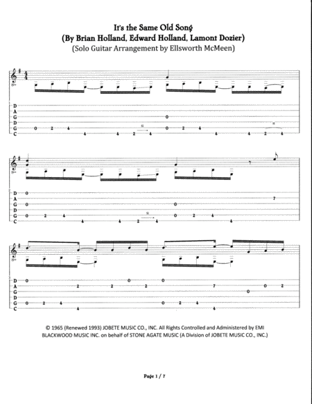 Free Sheet Music Its The Same Old Song For Fingerstyle Guitar Tuned Cgdgad