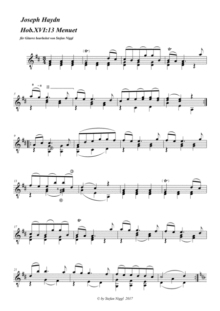 Free Sheet Music J Haydn Menuet From Sonata Hob Xvi 13 For Guitar Solo