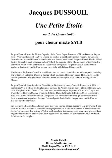 Jacques Dussouil Une Petite Toile From Quatre Nols For Satb Mixed Chorus Sheet Music