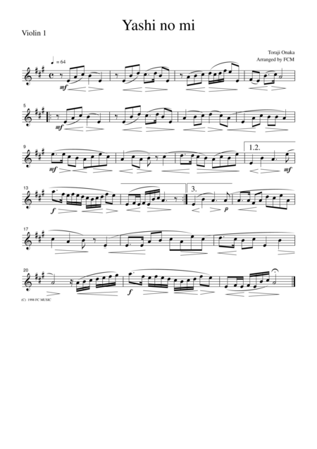 Free Sheet Music Japanese Famous Song Yashi No Mi For String Quartet Js001