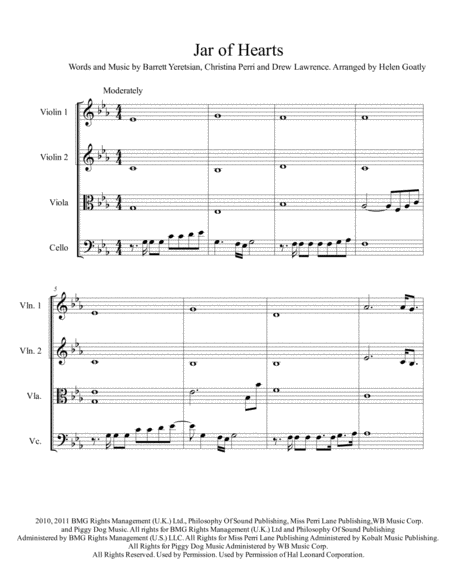 Jar Of Hearts By Christina Perri Arranged For String Quartet Sheet Music