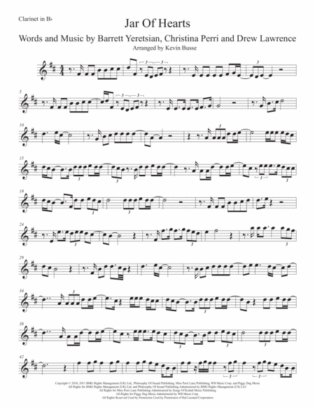 Jar Of Hearts Easy Key Of C Clarinet Sheet Music