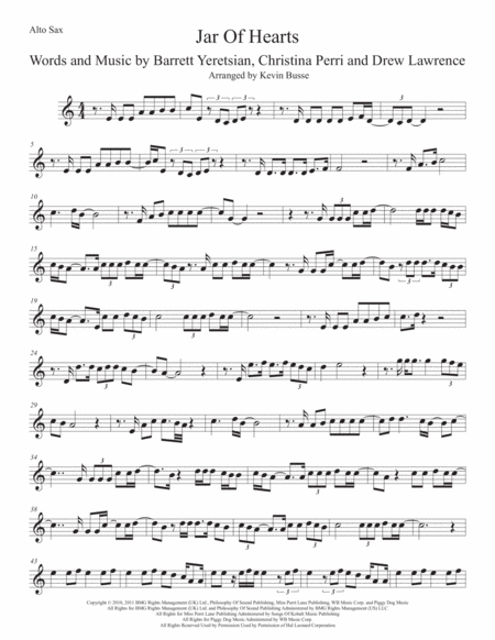 Jar Of Hearts Original Key Alto Sax Sheet Music