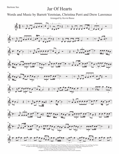 Jar Of Hearts Original Key Bari Sax Sheet Music