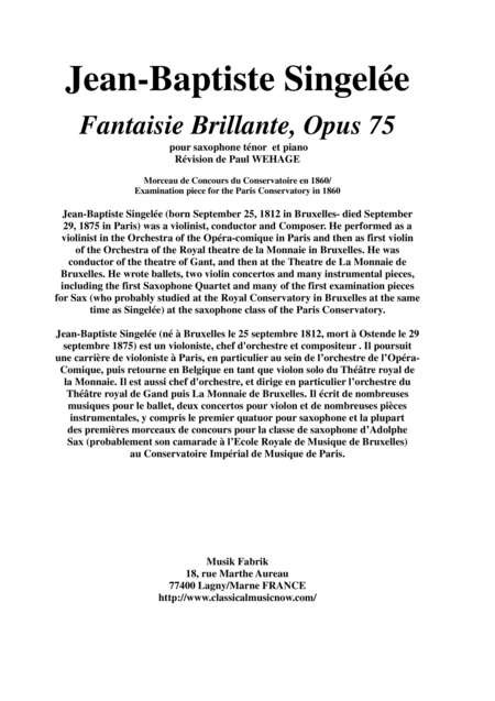 Free Sheet Music Jean Baptiste Singele Fantaisie Brillante Opus 75 Pour Saxophone Tnor Et Piano