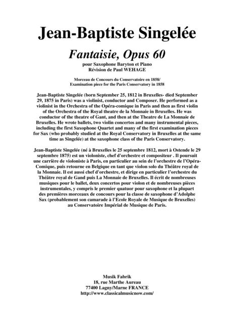 Jean Baptiste Singele Fantaisie Opus 60 Pour Saxophone Baryton Et Piano Revised By Paul Wehage Sheet Music