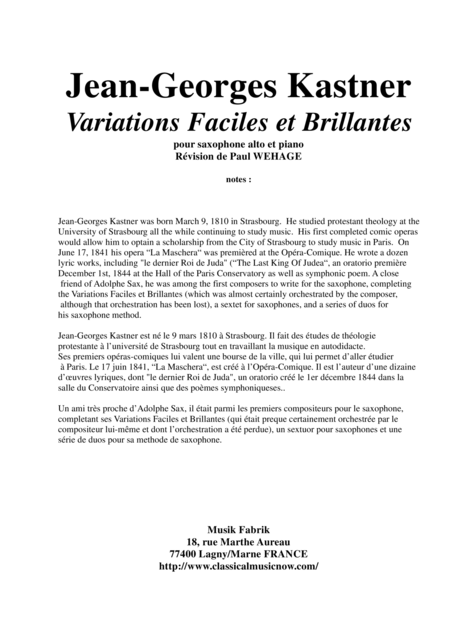 Jean Georges Kastner Variations Faciles Et Brillantes For Alto Saxophone And Piano Sheet Music