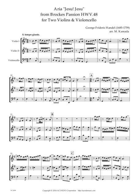 Jesu Jesu From Brockes Passion Hwv 48 For Two Violins Violoncello Sheet Music