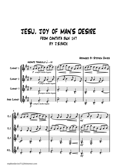 Free Sheet Music Jesu Joy Of Mans Desire From Cantata Bwv147 By Js Bach For Clarinet Quartet