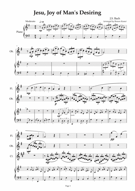 Jesu Joy Of Mans Desiring Arranged For Woodwind Trio Keyboard Sheet Music