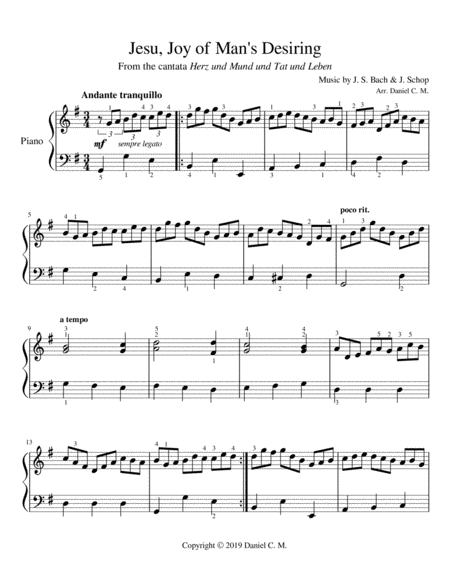 Jesu Joy Of Mans Desiring For Piano Easy Sheet Music