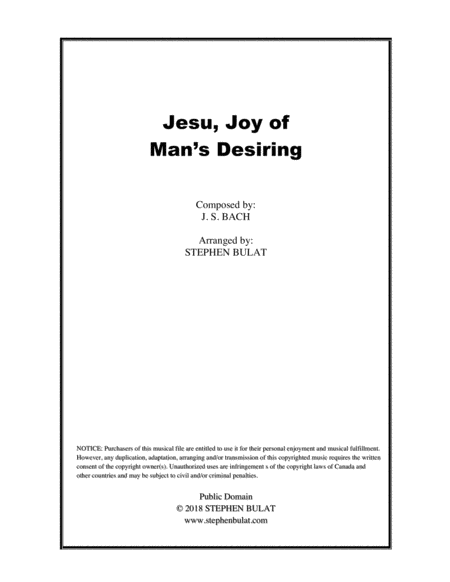 Jesu Joy Of Mans Desiring Lead Sheet In Original Key Of G Sheet Music