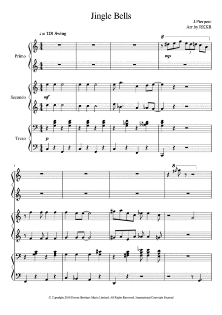 Jingle Bells 6hands Jazz Piano Sheet Music