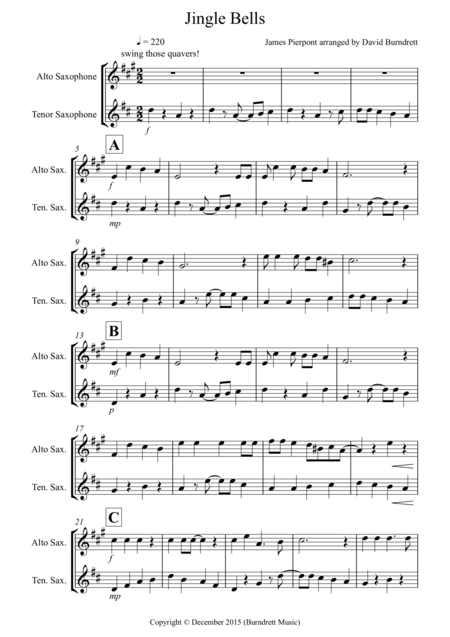 Jingle Bells Jazzy Style For Alto And Tenor Saxophone Duet Sheet Music