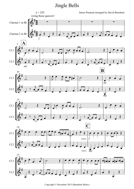 Jingle Bells Jazzy Style For Clarinet Duet Sheet Music