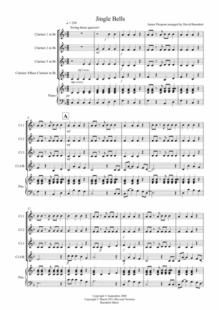 Jingle Bells Jazzy Style For Clarinet Quartet Sheet Music