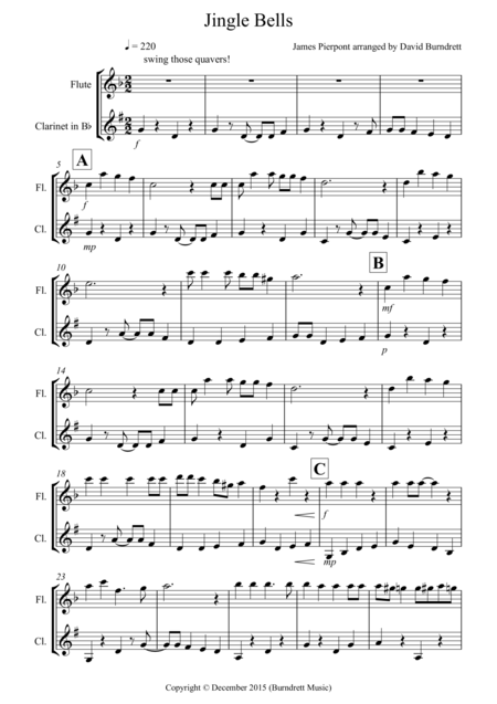 Jingle Bells Jazzy Style For Flute And Clarinet Duet Sheet Music