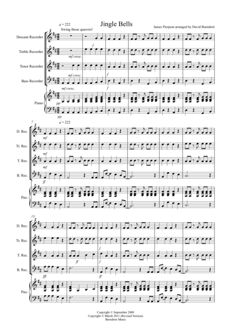 Free Sheet Music Jingle Bells Jazzy Style For Recorder Quartet